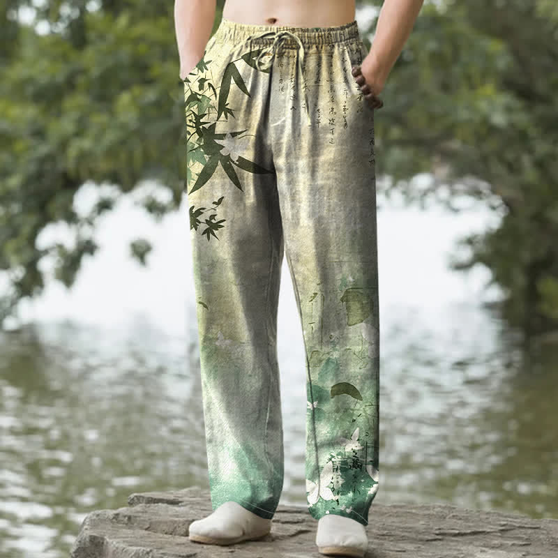 Buddha Stones Cotton Ink Bamboo Pattern Men's Tapered Pants With Pockets - YellowGreen - US/UK/AU50,EU60 (5XL) - image 0
