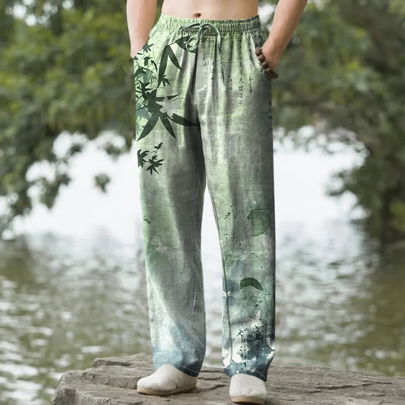 Buddha Stones Cotton Ink Bamboo Pattern Men's Tapered Pants With Pockets - LightGreen - US/UK/AU50,EU60 (5XL) - image 4