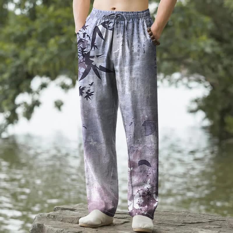 Buddha Stones Cotton Ink Bamboo Pattern Men's Tapered Pants With Pockets - Lavender - US/UK/AU50,EU60 (5XL) - image 8