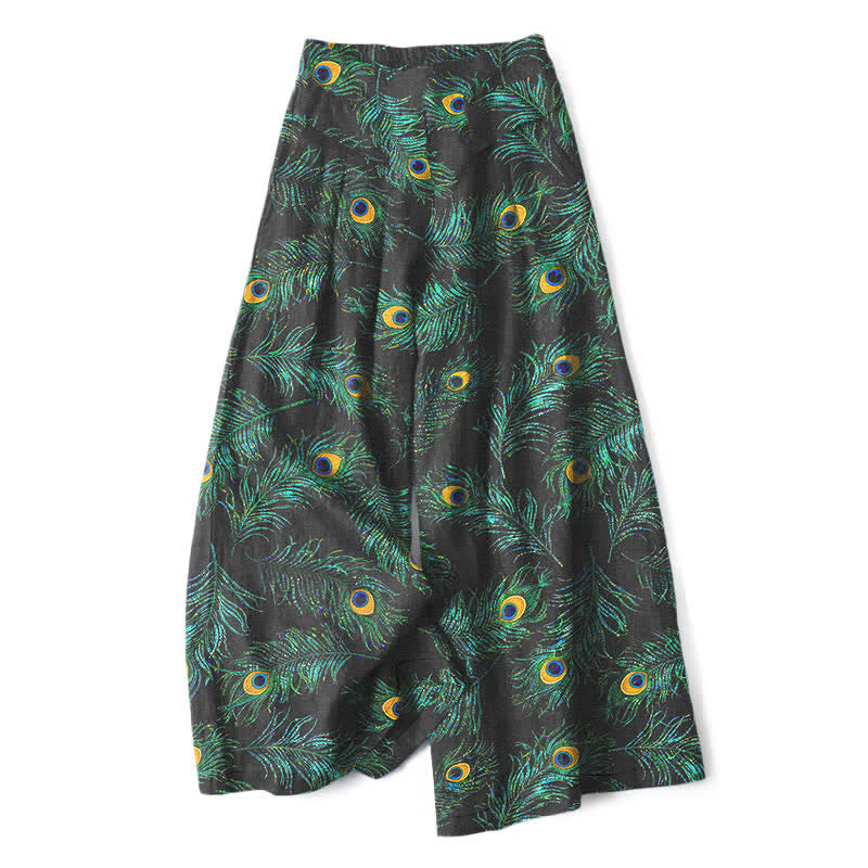 Buddha Stones Cotton Linen Peacock Feather Pattern Women's Elastic Waist Wide Leg Pants With Pockets - Black - US16,UK/AU20,EU48 (3XL) - image 0