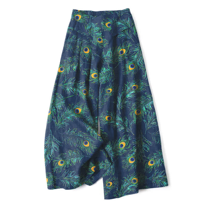 Buddha Stones Cotton Linen Peacock Feather Pattern Women's Elastic Waist Wide Leg Pants With Pockets - Navy - US16,UK/AU20,EU48 (3XL) - image 4