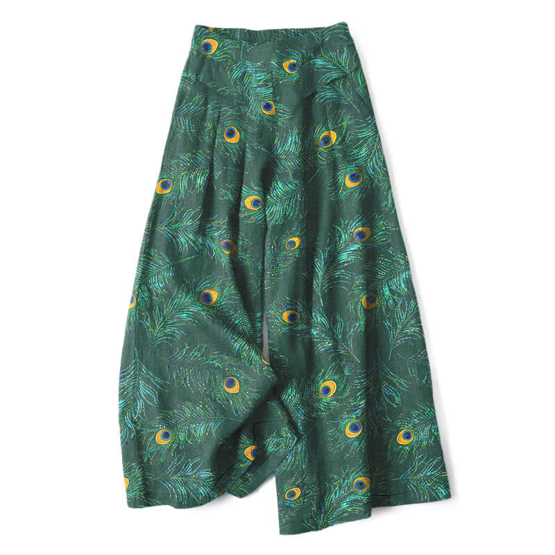 Buddha Stones Cotton Linen Peacock Feather Pattern Women's Elastic Waist Wide Leg Pants With Pockets - ForestGreen - US16,UK/AU20,EU48 (3XL) - image 6
