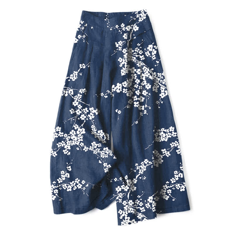 Buddha Stones Cotton Linen White Sakura Branch Pattern Women's Elastic Waist Wide Leg Pants With Pockets - Navy - US16,UK/AU20,EU48 (3XL) - image 0