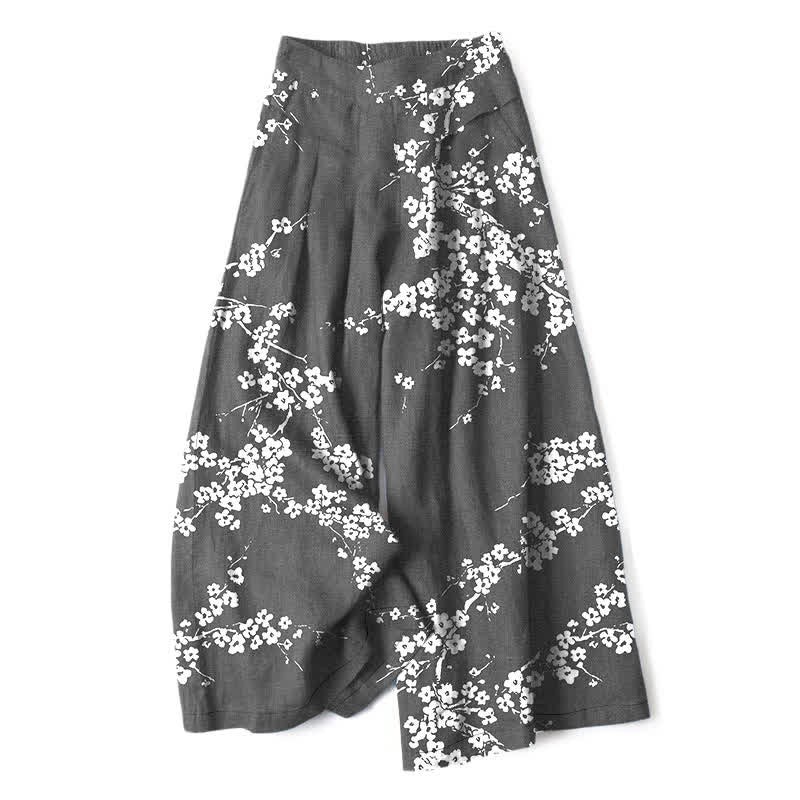 Buddha Stones Cotton Linen White Sakura Branch Pattern Women's Elastic Waist Wide Leg Pants With Pockets - DimGray - US16,UK/AU20,EU48 (3XL) - image 6