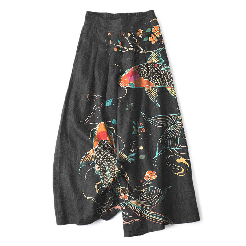 Buddha Stones Cotton Linen Koi Fish Floral Pattern Women's Elastic Waist Wide Leg Pants With Pockets - Black - US16,UK/AU20,EU48 (3XL) - image 0