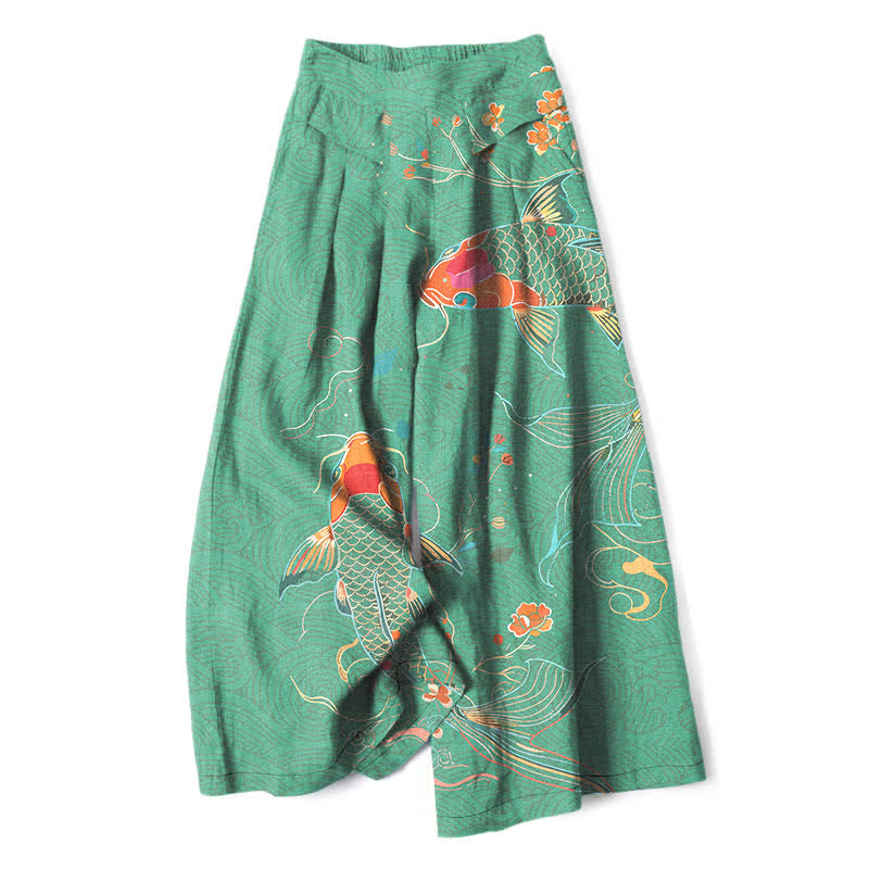 Buddha Stones Cotton Linen Koi Fish Floral Pattern Women's Elastic Waist Wide Leg Pants With Pockets - MediumSeaGreen - US16,UK/AU20,EU48 (3XL) - image 6