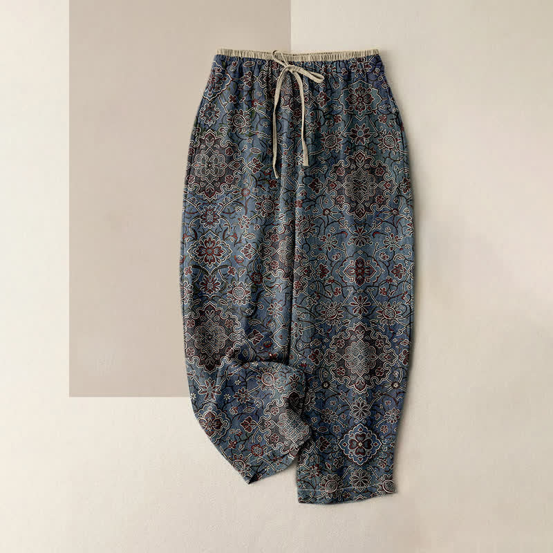Buddha Stones Pure Cotton Bohemian Floral Pattern Women's Elastic Waist Pants With Pockets - SteelBlue - US16,UK/AU20,EU48 (3XL) - image 0