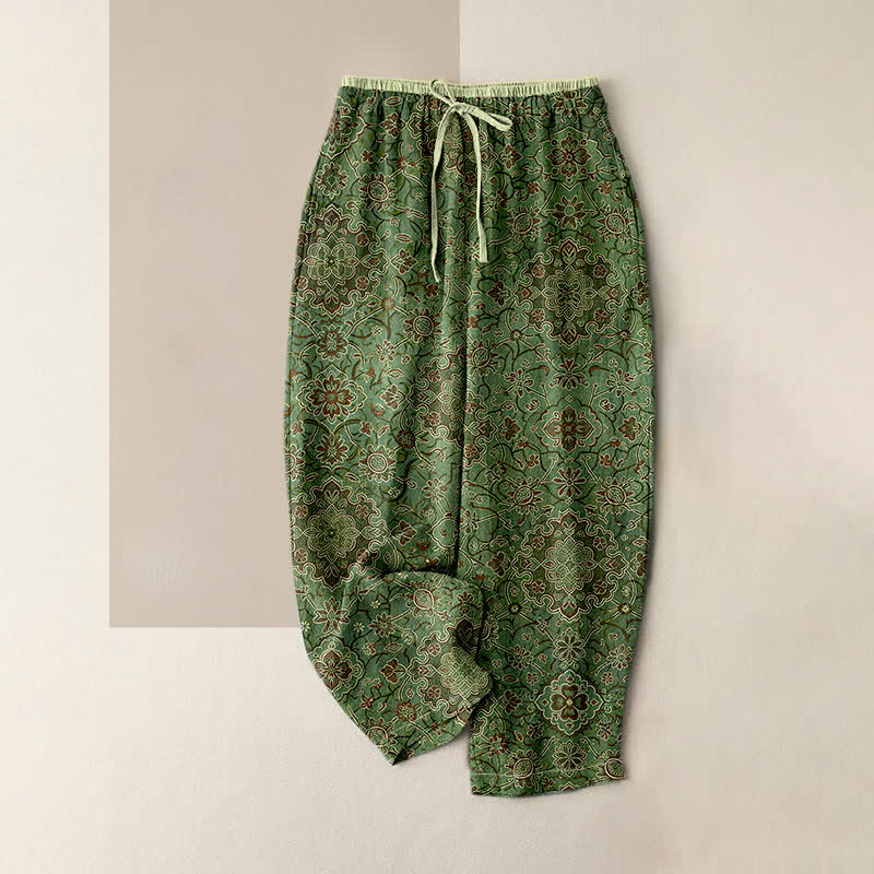 Buddha Stones Pure Cotton Bohemian Floral Pattern Women's Elastic Waist Pants With Pockets - OliveDrab - US16,UK/AU20,EU48 (3XL) - image 3