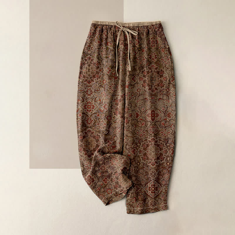 Buddha Stones Pure Cotton Bohemian Floral Pattern Women's Elastic Waist Pants With Pockets - SaddleBrown - US16,UK/AU20,EU48 (3XL) - image 4