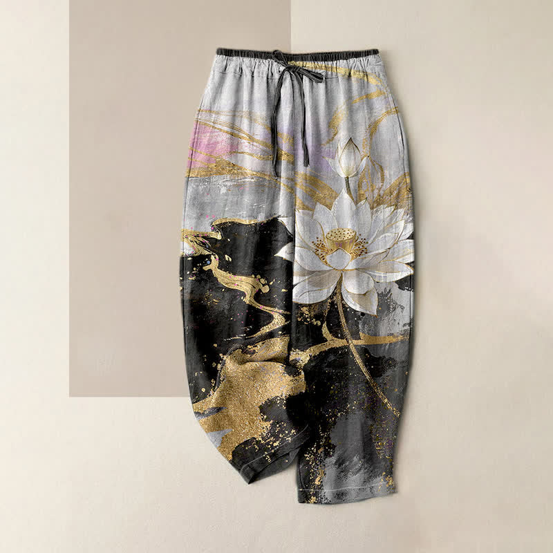 Buddha Stones Pure Cotton Lotus Ink Wash Pattern Women's Elastic Waist Pants With Pockets - Black - US16,UK/AU20,EU48 (3XL) - image 0