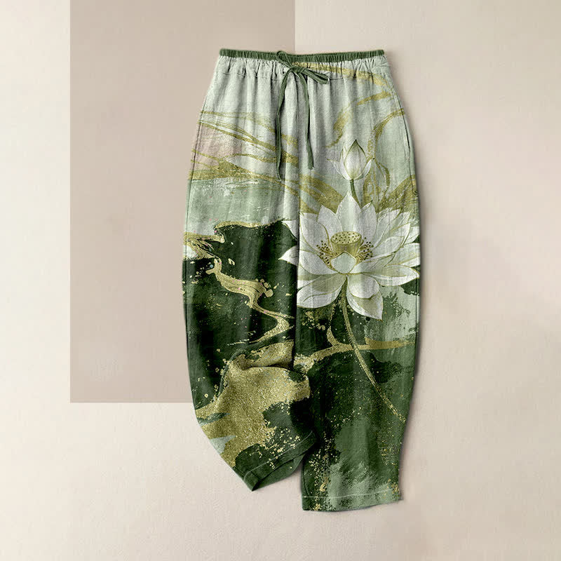 Buddha Stones Pure Cotton Lotus Ink Wash Pattern Women's Elastic Waist Pants With Pockets - OliveDrab - US16,UK/AU20,EU48 (3XL) - image 3