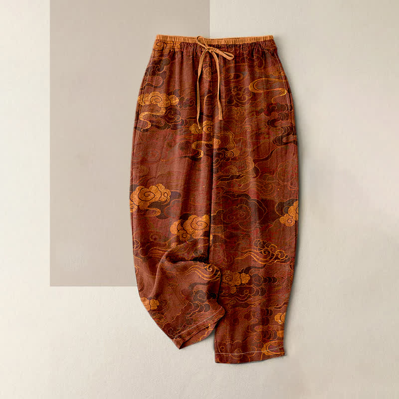 Buddha Stones Pure Cotton Oriental Cloud Pattern Women's Elastic Waist Pants With Pockets - Maroon - US16,UK/AU20,EU48 (3XL) - image 0
