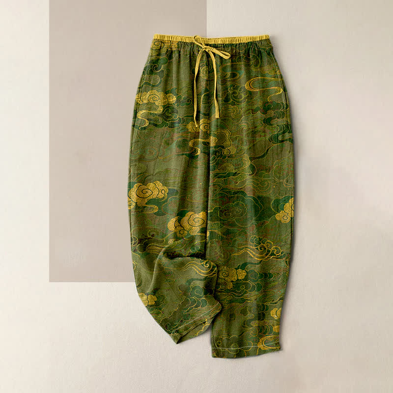 Buddha Stones Pure Cotton Oriental Cloud Pattern Women's Elastic Waist Pants With Pockets - OliveDrab - US16,UK/AU20,EU48 (3XL) - image 3