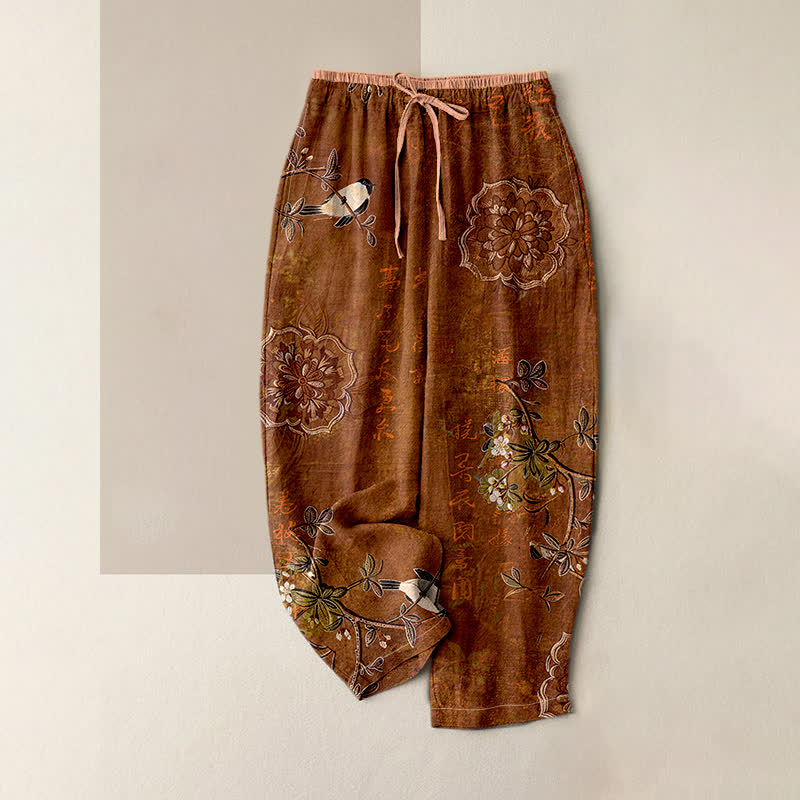 Buddha Stones Pure Cotton Bohemian Floral Bird Pattern Women's Elastic Waist Pants With Pockets - SaddleBrown - US16,UK/AU20,EU48 (3XL) - image 0