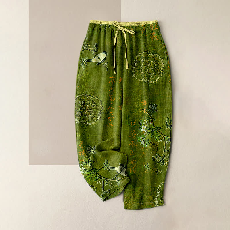 Buddha Stones Pure Cotton Bohemian Floral Bird Pattern Women's Elastic Waist Pants With Pockets - Olive - US16,UK/AU20,EU48 (3XL) - image 3