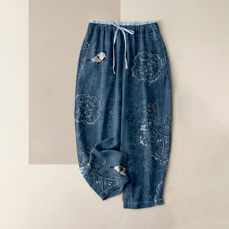 Buddha Stones Pure Cotton Bohemian Floral Bird Pattern Women's Elastic Waist Pants With Pockets - SteelBlue - US16,UK/AU20,EU48 (3XL) - image 4
