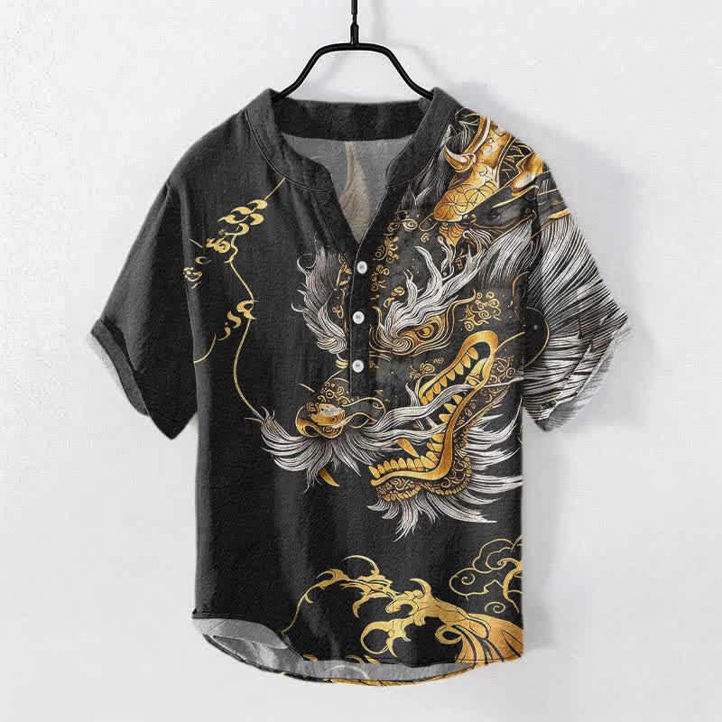Buddha Stones Cotton Golden Dragon Pattern Men's Short Sleeve Half Button Shirt - Black - US/UK/AU50,EU60 (5XL) - image 0