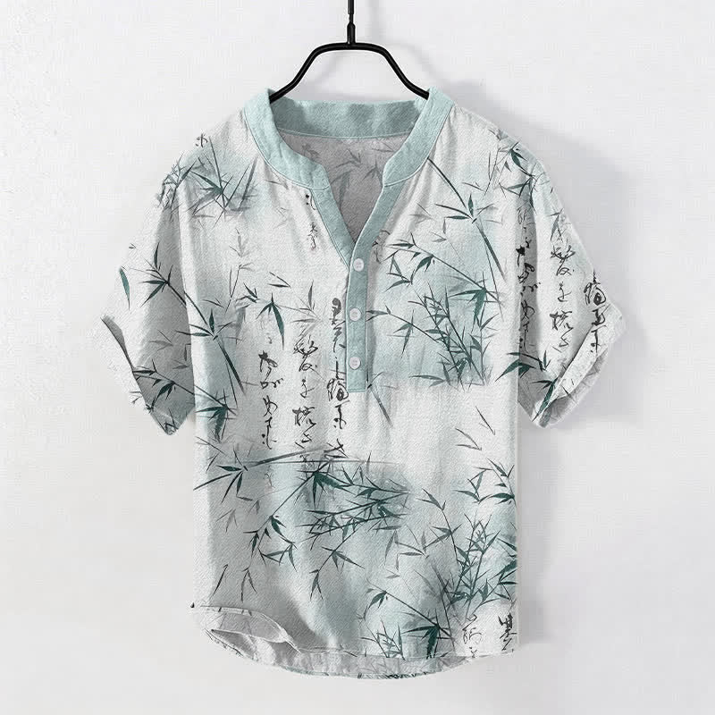 Buddha Stones Cotton Ink Bamboo Calligraphy Pattern Men's Short Sleeve Half Button Shirt - PaleTurquoise - US/UK/AU50,EU60 (5XL) - image 0