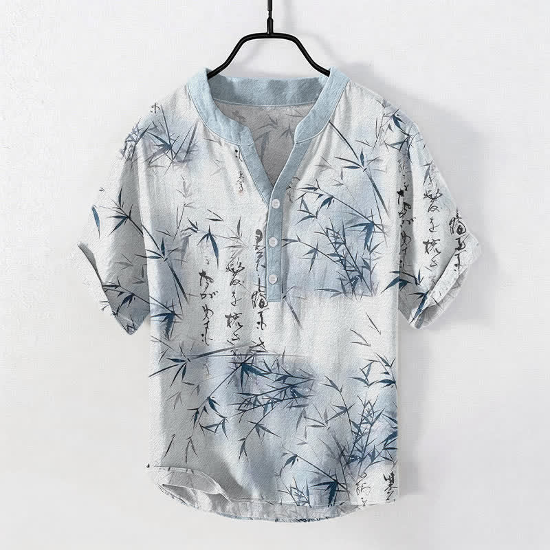 Buddha Stones Cotton Ink Bamboo Calligraphy Pattern Men's Short Sleeve Half Button Shirt - LightBlue - US/UK/AU50,EU60 (5XL) - image 3