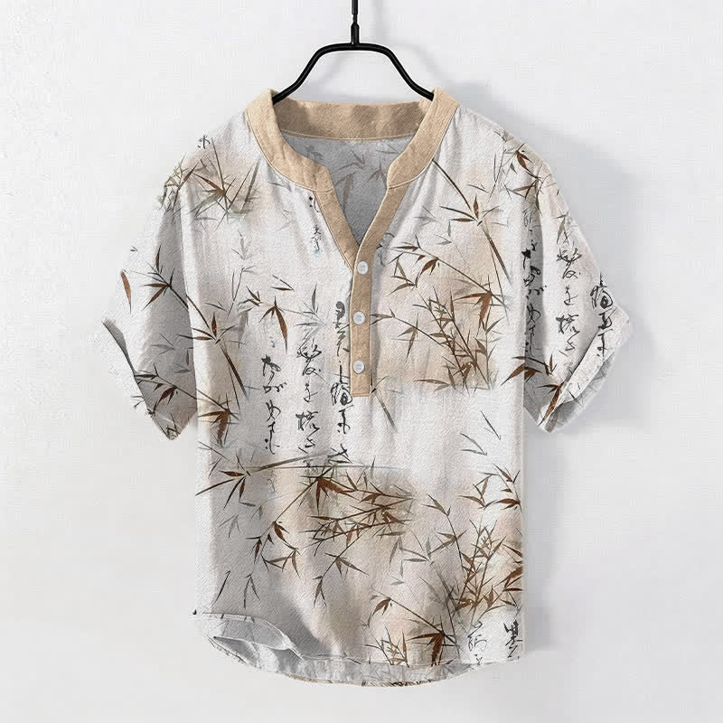 Buddha Stones Cotton Ink Bamboo Calligraphy Pattern Men's Short Sleeve Half Button Shirt - Linen - US/UK/AU50,EU60 (5XL) - image 5