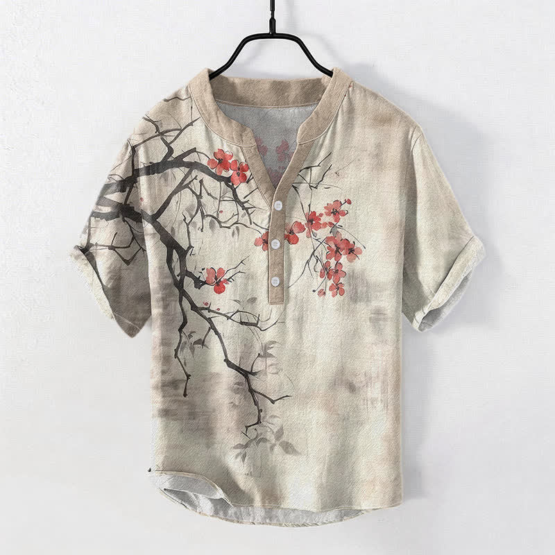 Buddha Stones Cotton Plum Blossom Branch Pattern Men's Short Sleeve Half Button Shirt - Linen - US/UK/AU50,EU60 (5XL) - image 0