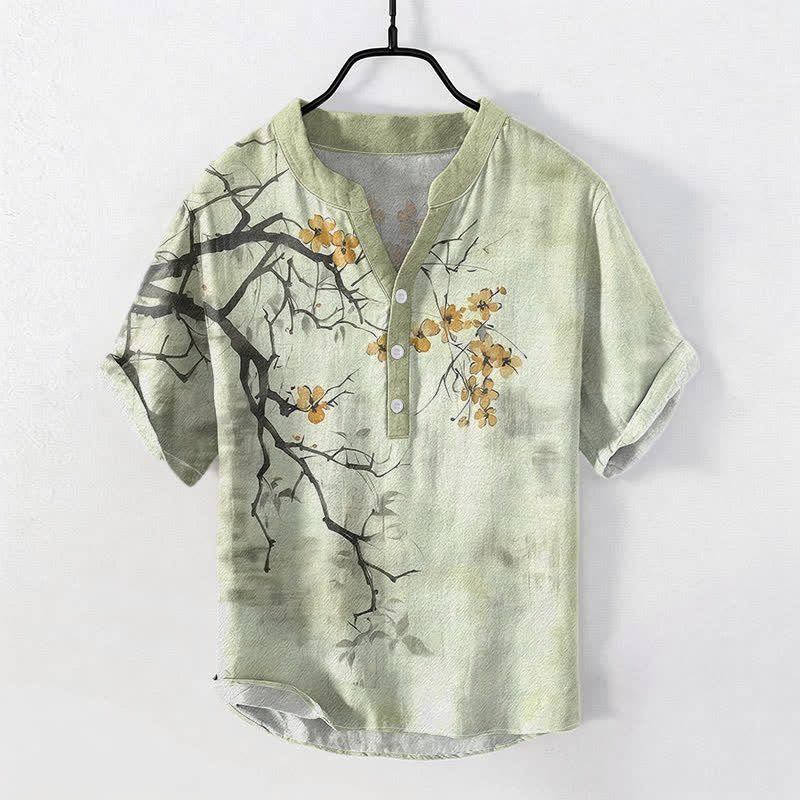 Buddha Stones Cotton Plum Blossom Branch Pattern Men's Short Sleeve Half Button Shirt - PaleGreen - US/UK/AU50,EU60 (5XL) - image 3