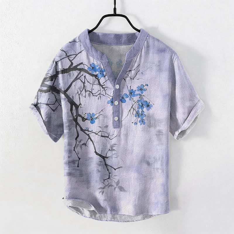 Buddha Stones Cotton Plum Blossom Branch Pattern Men's Short Sleeve Half Button Shirt - Lavender - US/UK/AU50,EU60 (5XL) - image 5