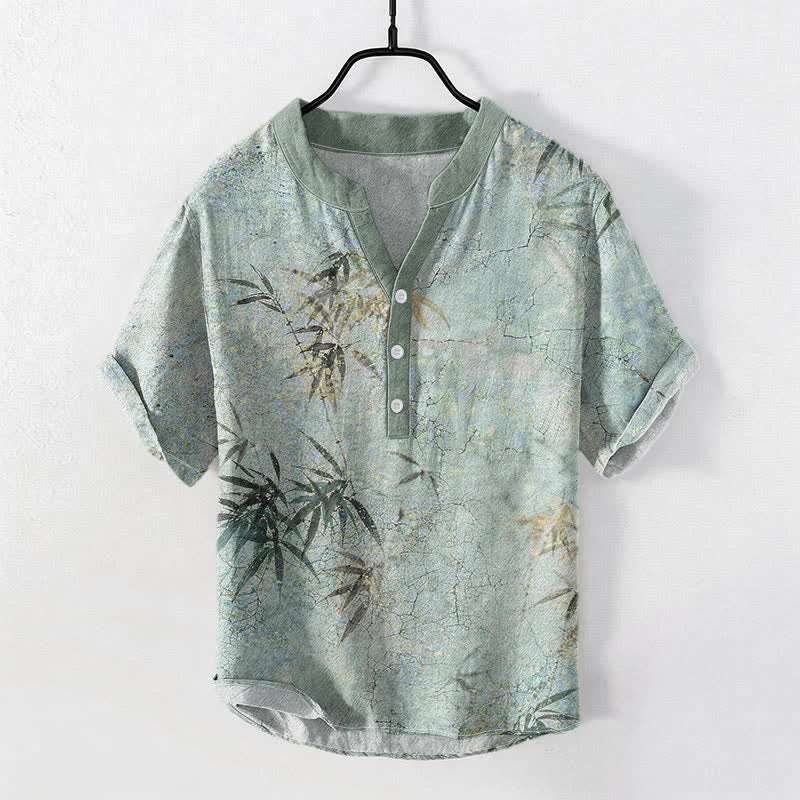 Buddha Stones Cotton Ink Bamboo Leaf Pattern Men's Short Sleeve Half Button Shirt - MediumAquamarine - US/UK/AU50,EU60 (5XL) - image 0