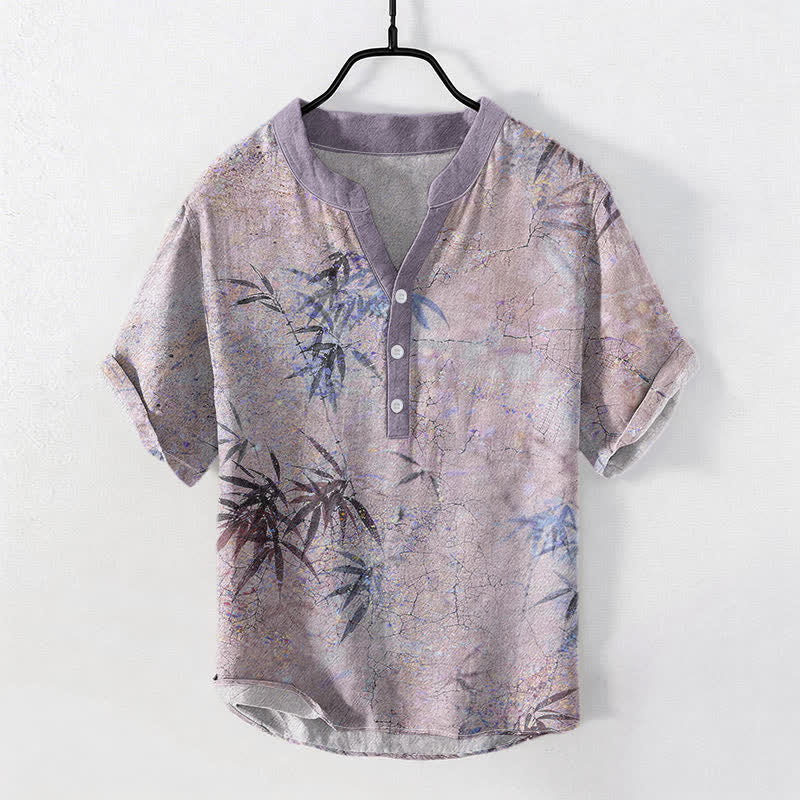 Buddha Stones Cotton Ink Bamboo Leaf Pattern Men's Short Sleeve Half Button Shirt - Thistle - US/UK/AU50,EU60 (5XL) - image 3