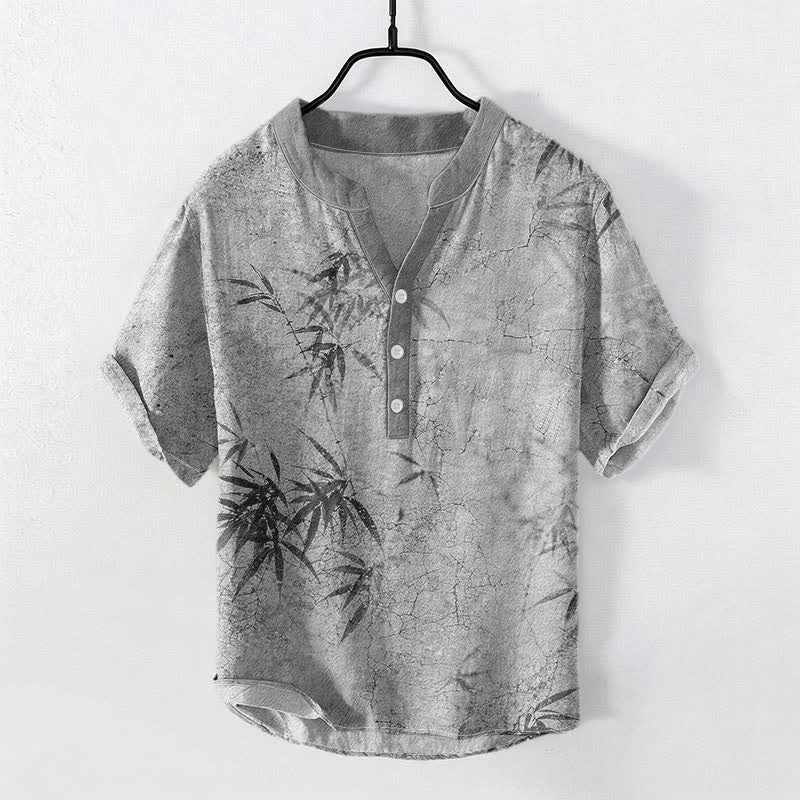 Buddha Stones Cotton Ink Bamboo Leaf Pattern Men's Short Sleeve Half Button Shirt - LightGrey - US/UK/AU50,EU60 (5XL) - image 5