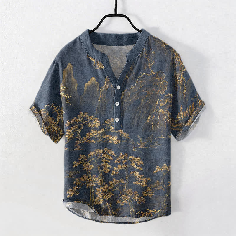 Buddha Stones Cotton Golden Mountain Pine Pattern Men's Short Sleeve Half Button Shirt - Goldenrod - US/UK/AU50,EU60 (5XL) - image 0