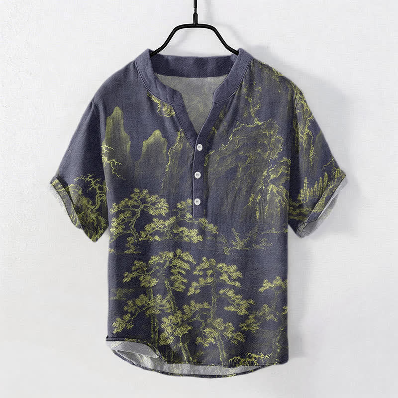 Buddha Stones Cotton Golden Mountain Pine Pattern Men's Short Sleeve Half Button Shirt - YellowGreen - US/UK/AU50,EU60 (5XL) - image 5