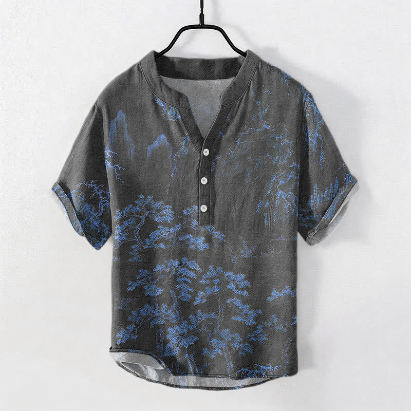 Buddha Stones Cotton Golden Mountain Pine Pattern Men's Short Sleeve Half Button Shirt - RoyalBlue - US/UK/AU50,EU60 (5XL) - image 7