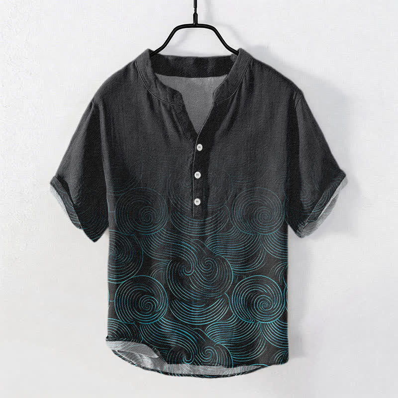 Buddha Stones Cotton Concentric Ripple Pattern Men's Short Sleeve Half Button Shirt - Black - US/UK/AU50,EU60 (5XL) - image 0