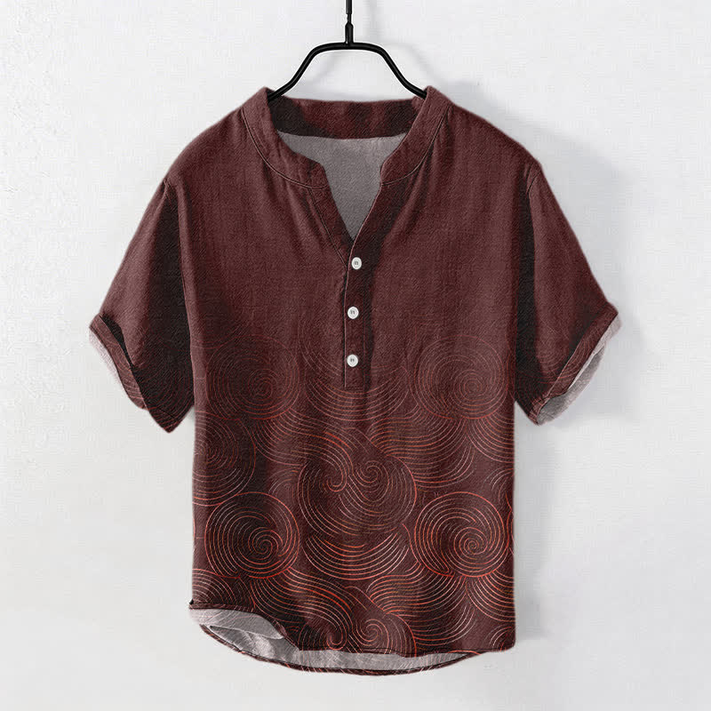 Buddha Stones Cotton Concentric Ripple Pattern Men's Short Sleeve Half Button Shirt - Maroon - US/UK/AU50,EU60 (5XL) - image 5