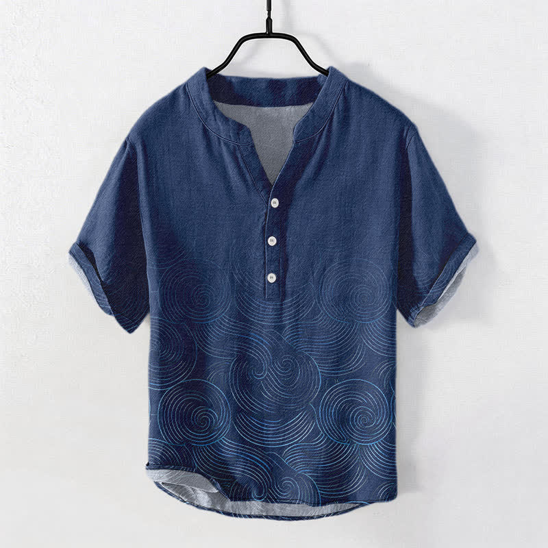 Buddha Stones Cotton Concentric Ripple Pattern Men's Short Sleeve Half Button Shirt - Navy - US/UK/AU50,EU60 (5XL) - image 7