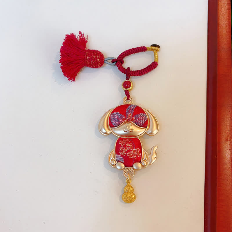 Buddha Stones Song Brocade Handmade Chinese Zodiac Tassel Lucky Keychain - Dog - Red - Song Brocade (Prosperity♥Harmony) - image 35