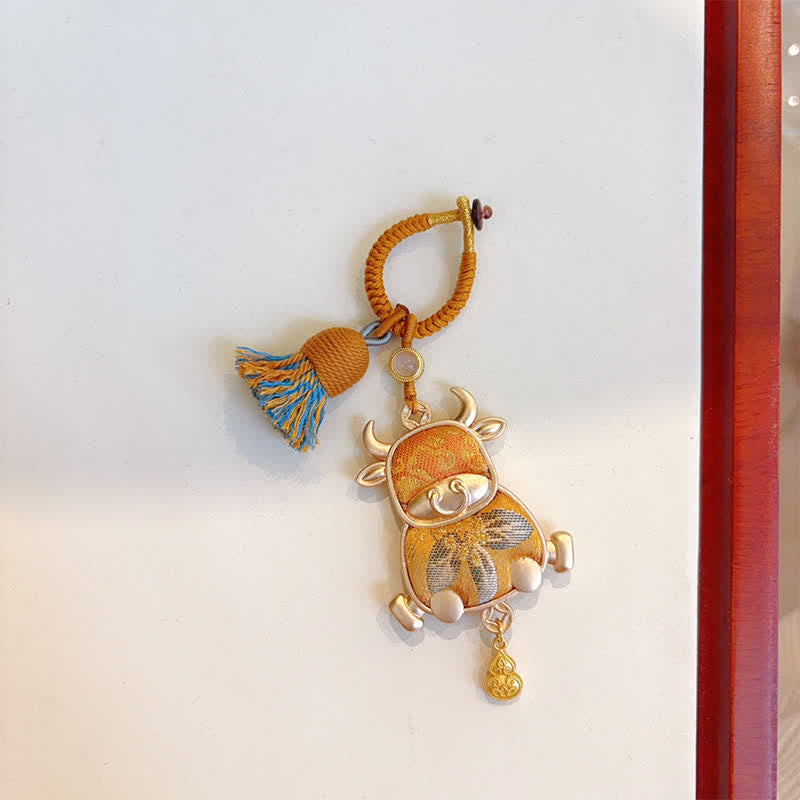 Buddha Stones Song Brocade Handmade Chinese Zodiac Tassel Lucky Keychain - Ox - Yellow - Song Brocade (Prosperity♥Harmony) - image 20