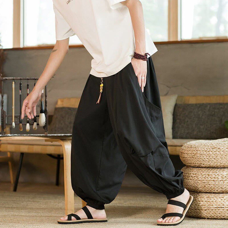Buddha Stones Summer Casual Vintage Drawstring Solid Ankle Length Pants Men's Harem Pants With Pockets - Black - US/UK/AU46,EU56 (5XL) - image 0