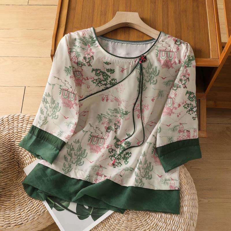 Buddha Stones Summer Tang Style Frog Button Floral Pavilion Women's Elbow-Length Sleeve Shirts - White - US8-10,UK/AU12-14,EU40-42 (2XL) - image 0