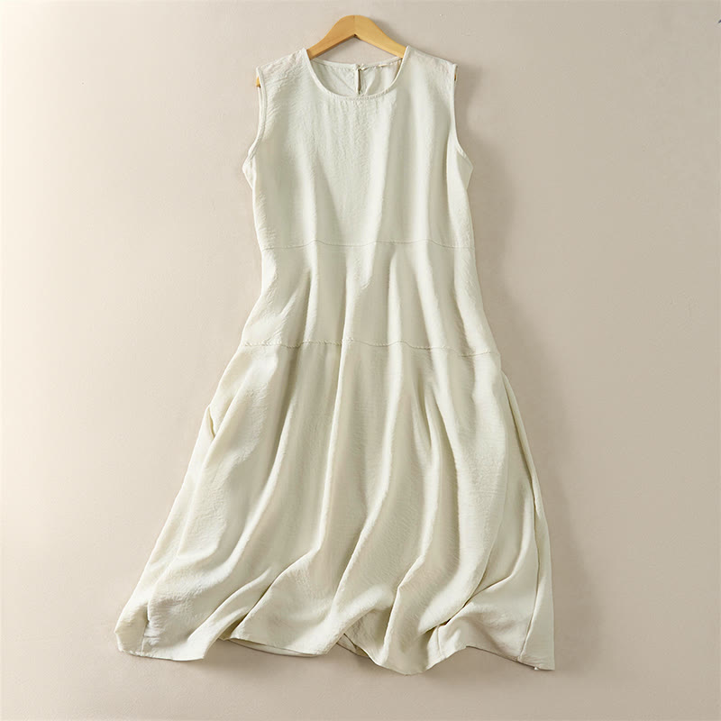 Buddha Stones Summer Cotton High Waist Women's Sleeveless Midi Dress With Pockets - Linen - US12,UK/AU16,EU44 (2XL) - image 3