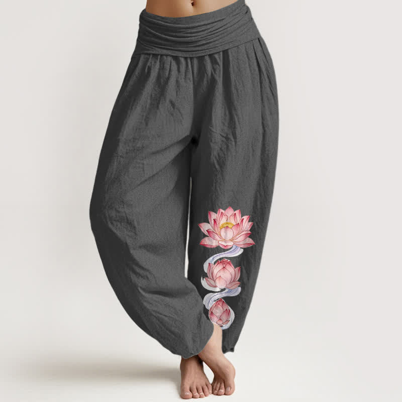 Buddha Stones Pure Cotton Pink Lotus Pattern Women's Elastic Waist Harem Pants - DimGray - US16,UK/AU20,EU48 (3XL) - image 8