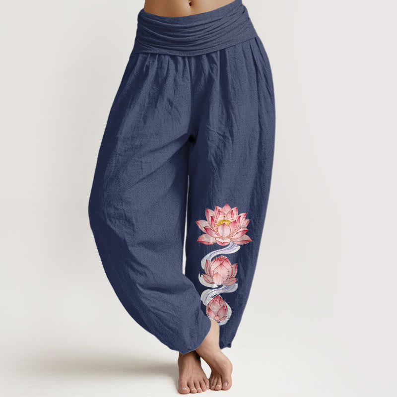 Buddha Stones Pure Cotton Pink Lotus Pattern Women's Elastic Waist Harem Pants - DarkSlateBlue - US16,UK/AU20,EU48 (3XL) - image 5