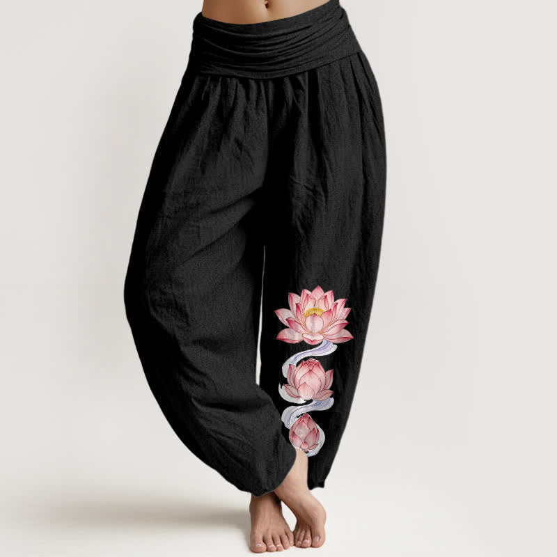 Buddha Stones Pure Cotton Pink Lotus Pattern Women's Elastic Waist Harem Pants - Black - US16,UK/AU20,EU48 (3XL) - image 0