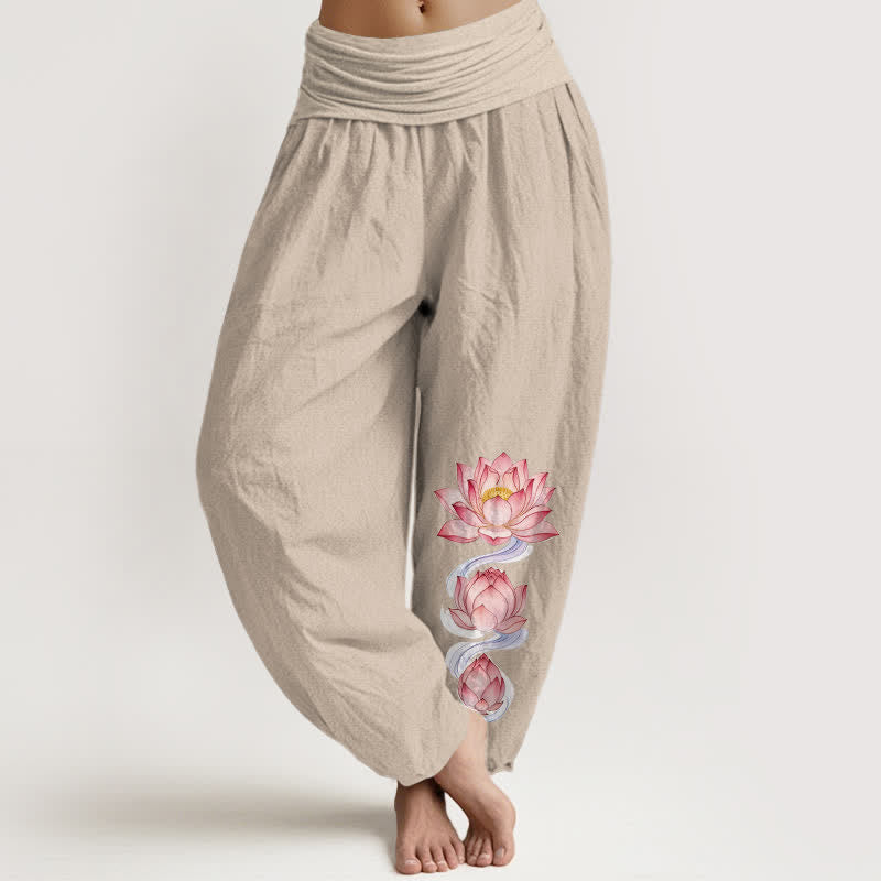 Buddha Stones Pure Cotton Pink Lotus Pattern Women's Elastic Waist Harem Pants - Linen - US16,UK/AU20,EU48 (3XL) - image 11