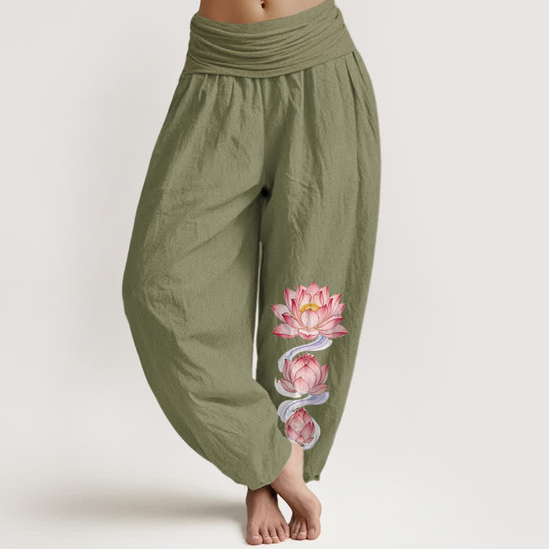 Buddha Stones Pure Cotton Pink Lotus Pattern Women's Elastic Waist Harem Pants - OliveDrab - US16,UK/AU20,EU48 (3XL) - image 14