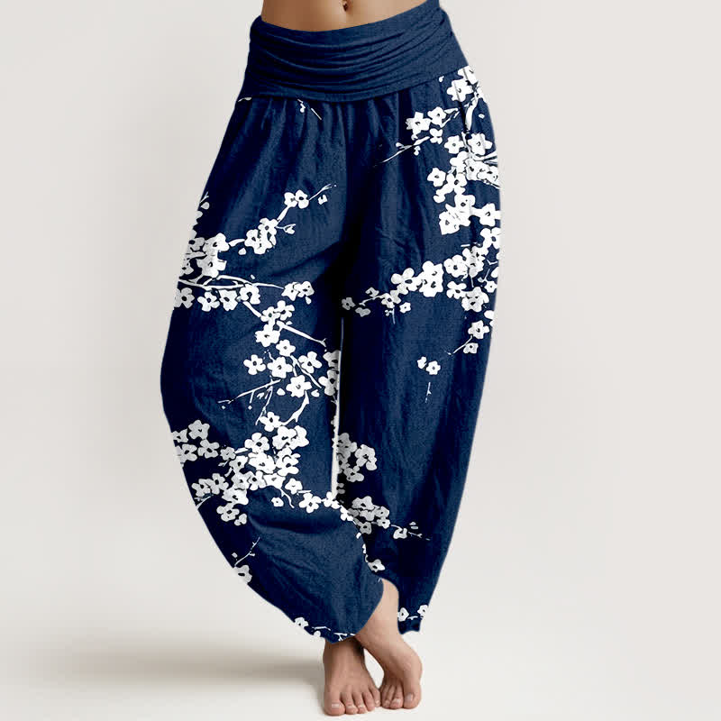 Buddha Stones Pure Cotton White Blossom Branch Pattern Women's Elastic Waist Harem Pants - Navy - US16,UK/AU20,EU48 (3XL) - image 0