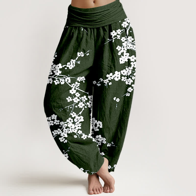 Buddha Stones Pure Cotton White Blossom Branch Pattern Women's Elastic Waist Harem Pants - DarkGreen - US16,UK/AU20,EU48 (3XL) - image 5
