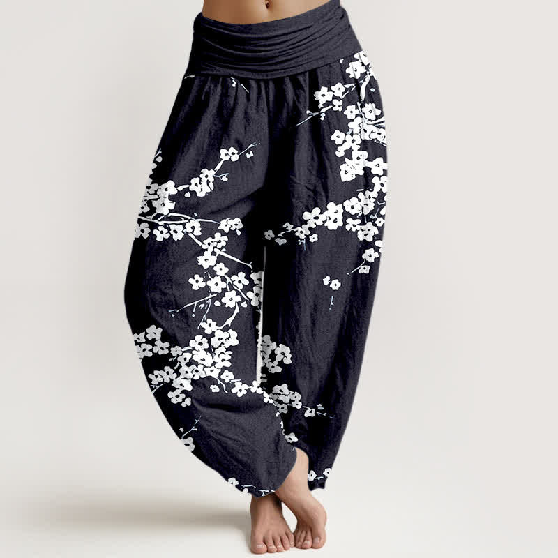 Buddha Stones Pure Cotton White Blossom Branch Pattern Women's Elastic Waist Harem Pants - Black - US16,UK/AU20,EU48 (3XL) - image 8