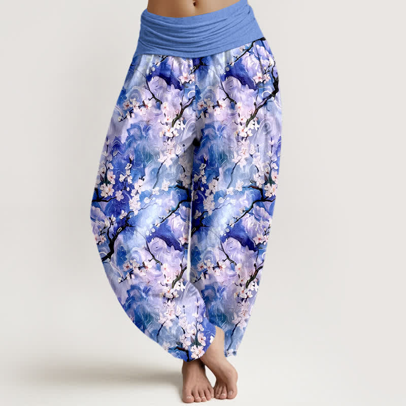 Buddha Stones Pure Cotton Watercolor Floral Pattern Women's Elastic Waist Harem Pants - MediumSlateBlue - US16,UK/AU20,EU48 (3XL) - image 0